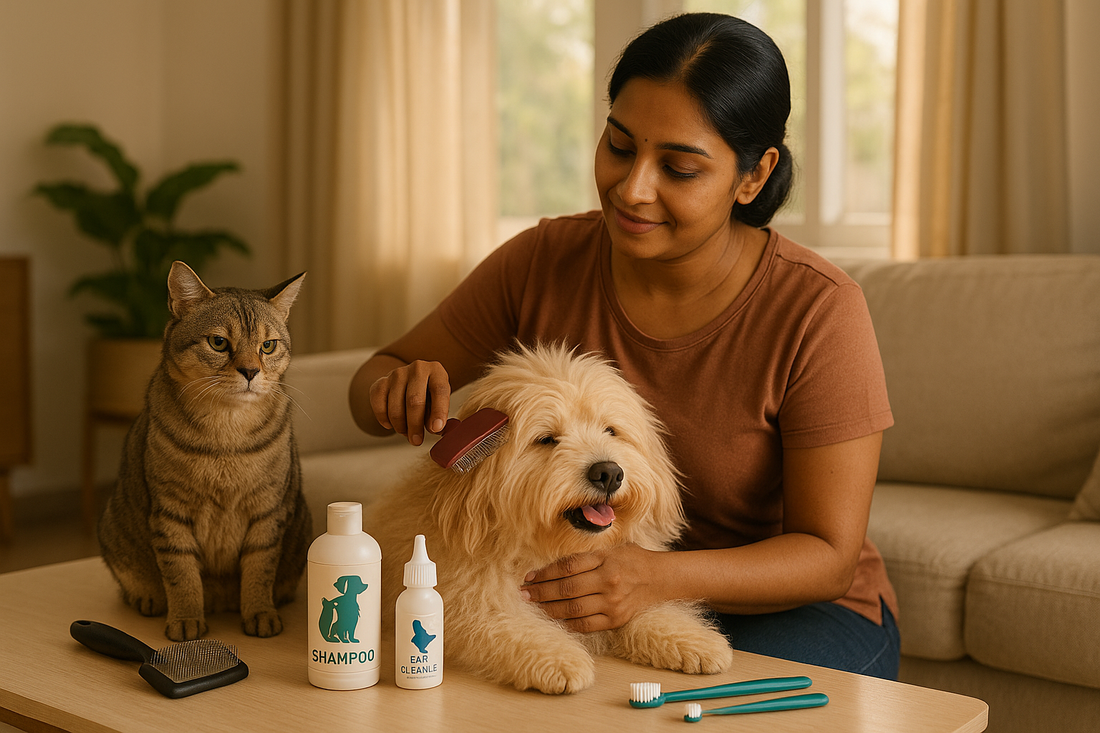 An Indian pet owner brushing a dog while checking its ears, surrounded by grooming tools like brushes, pet shampoo, and dental care products.