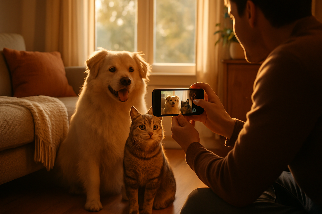 A playful dog and cat posing on a sunny bed near a window while a person takes a photo using a smartphone at eye level.