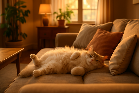 Cat sleeping belly up on couch showing trust and comfort — decoding cat sleeping positions and meaning