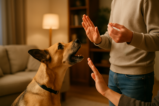 Dog sitting calmly in a living room after successful barking training without shouting