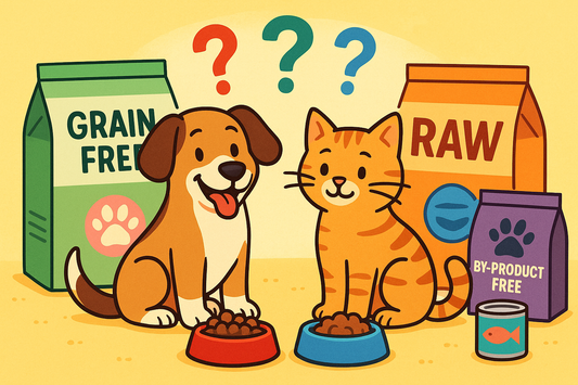Dog and cat looking at a bowl of food with question marks above their heads, surrounded by pet food packaging