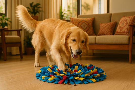 Golden Retriever using a colorful fleece snuffle mat to find hidden treats indoors.