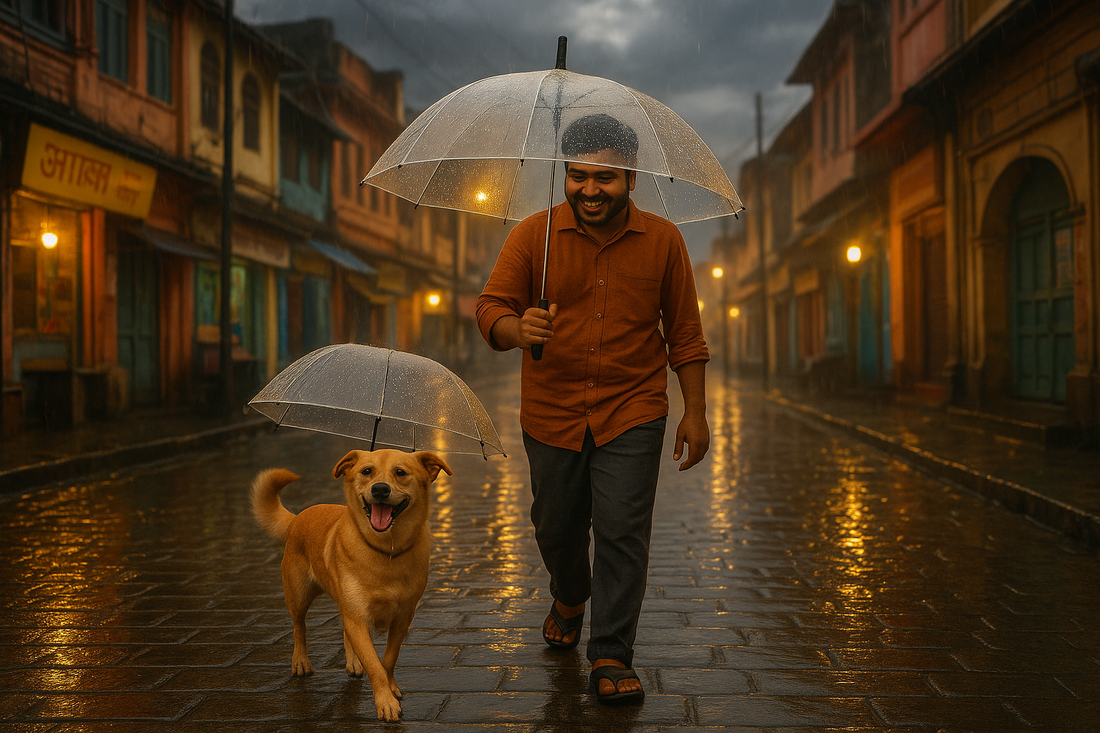 Indian pet owner walking dog under transparent umbrella in rain — cost of owning a pet in India 2025