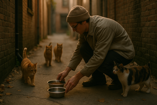 Person feeding dry food to stray cats on the street with clean bowls