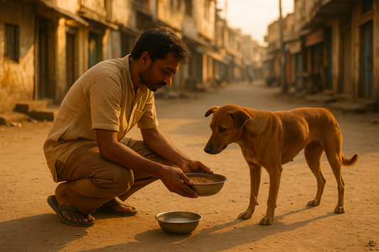 Person feeding a street dog food and water on the roadside — ways to help stray dogs without adopting