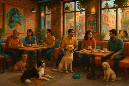 Pet-friendly cafe in India with people enjoying coffee while their pets relax beside them