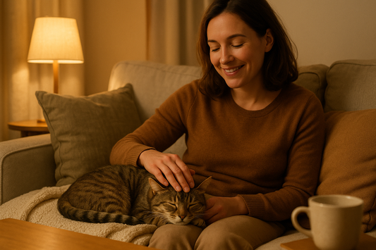 Cat resting peacefully at home while the owner smiles and pets them, showing calm interaction