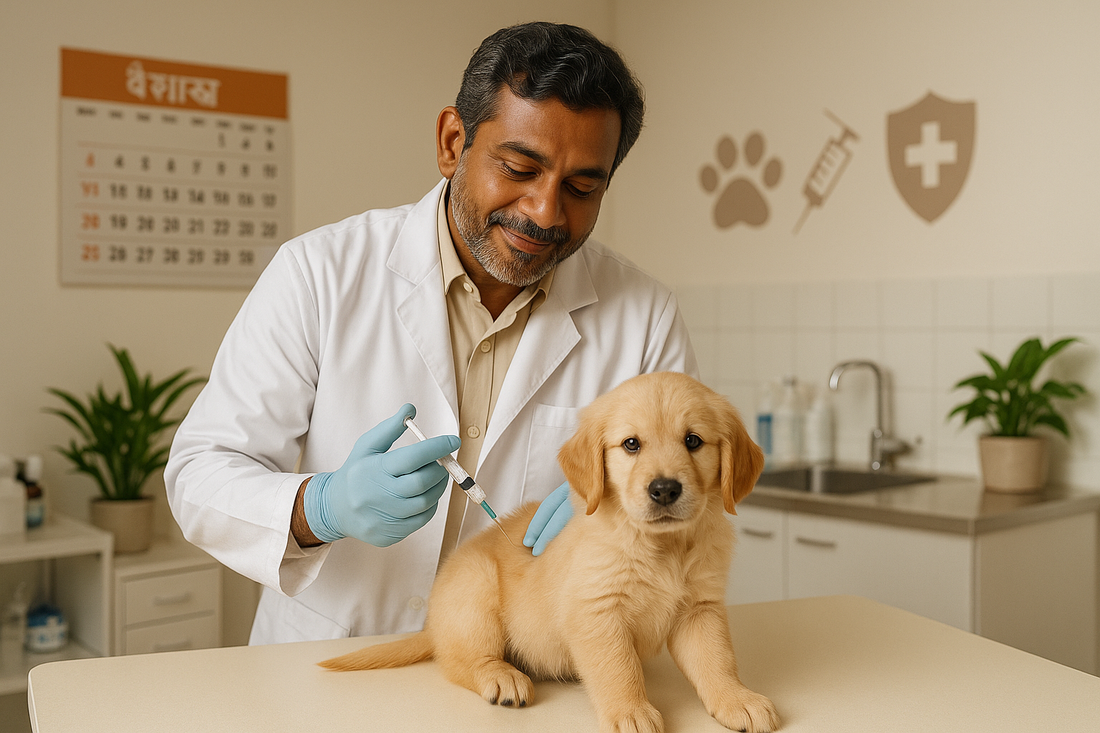 Vet holding a puppy while giving a vaccination with a syringe in a clean clinic in India. Calendar and pet care icons in the background.