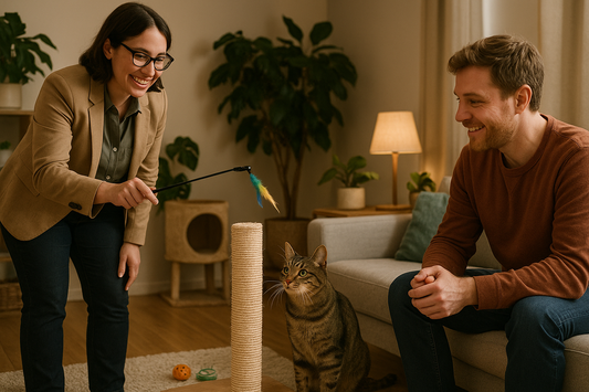 A cat trainer helping a frustrated pet parent with a playful but aggressive cat indoors