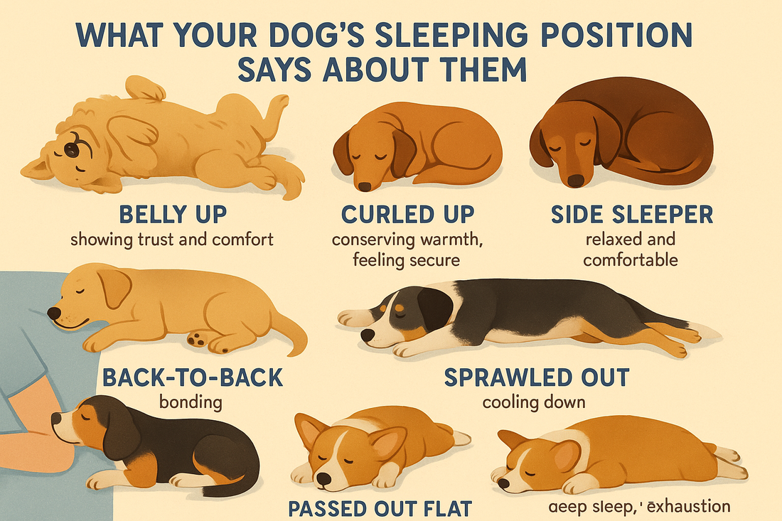 Golden retriever puppy sleeping belly up on a cozy bed, showing common dog sleeping position and behavior meaning