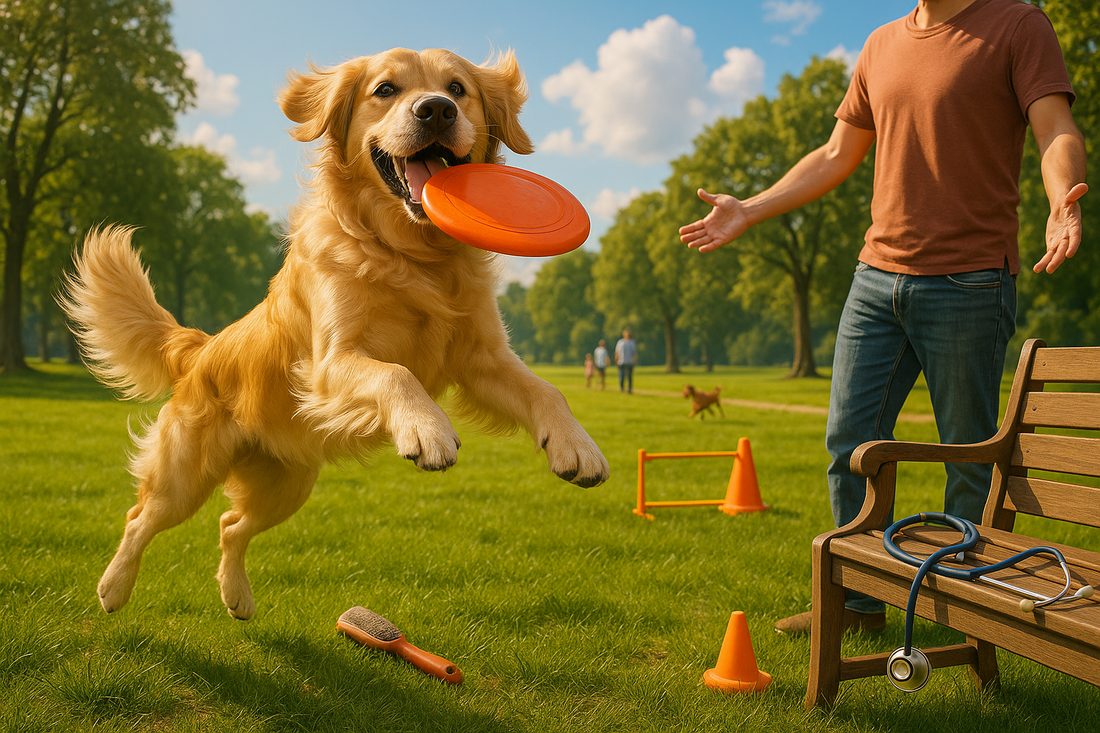 A happy Golden Retriever playing in the park with its owner, showcasing the active lifestyle and friendly nature of the breed.