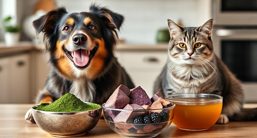 Dog and cat eating healthy food with superfood ingredients like spirulina, purple sweet potatoes, and bone broth
