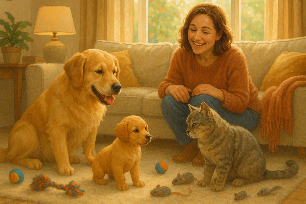 A cheerful scene inside a cozy home where a dog and a cat are calmly meeting a new puppy. The owner is watching lovingly, creating a peaceful and warm atmosphere. The background includes pet toys, a soft couch, and a gentle light coming from the window — perfect harmony in a multi-pet household