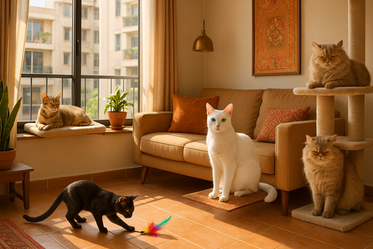 Collage of Indian cat breeds ideal for city living — Indian Domestic Shorthair, Khao Manee, Bombay, and Persian — sitting in cozy modern apartment settings.