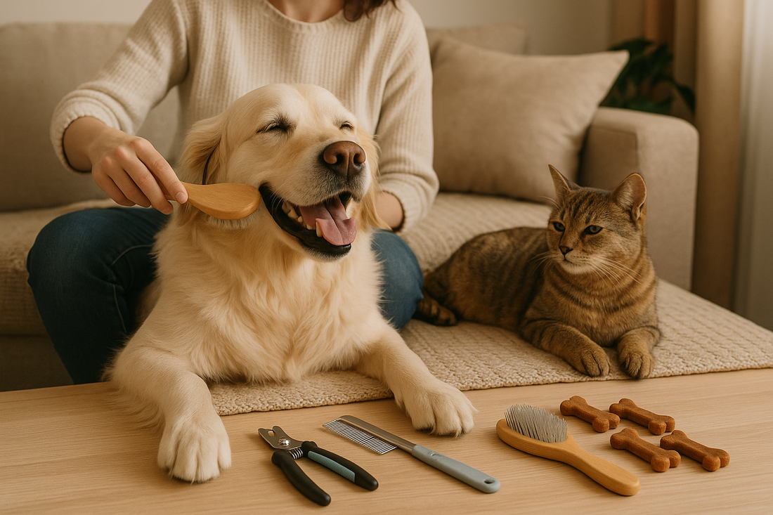 A person gently brushing a happy dog while a relaxed cat lies nearby, with grooming tools like nail clippers, combs, and treats in a clean home setting.
