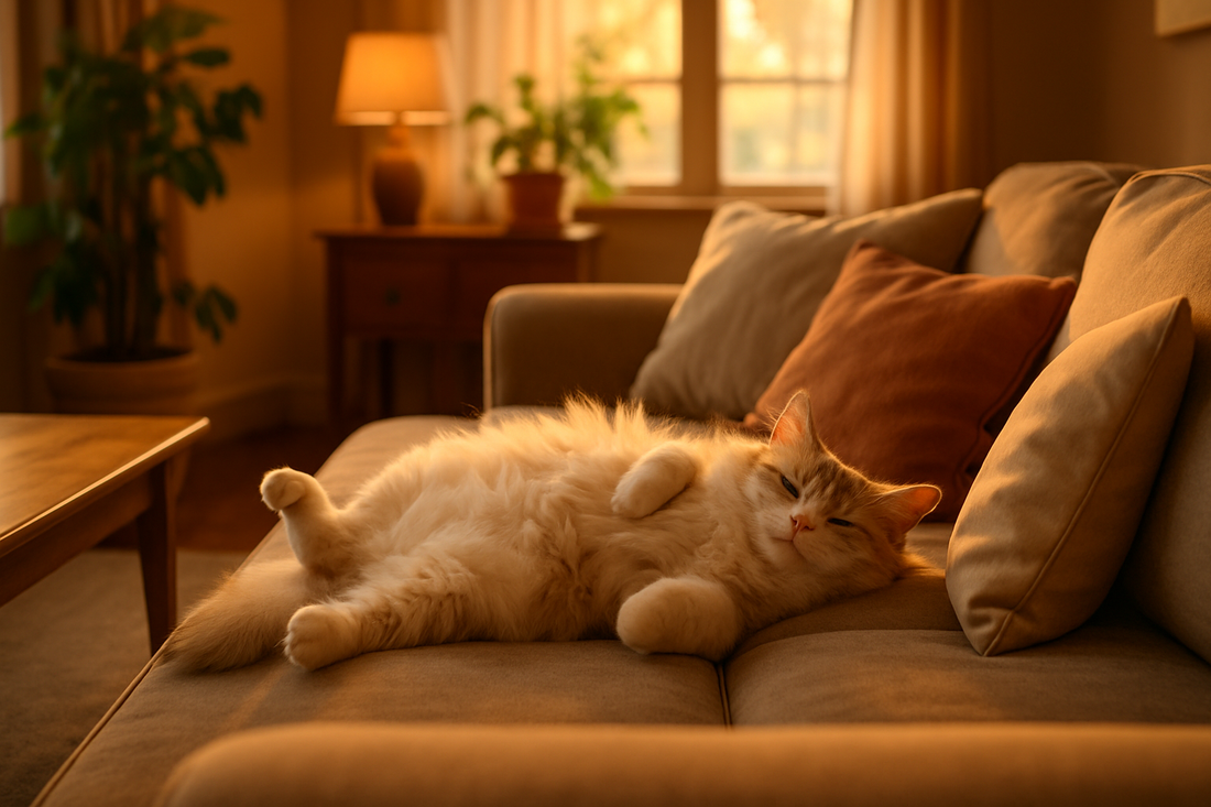 Cat sleeping belly up on couch showing trust and comfort — decoding cat sleeping positions and meaning