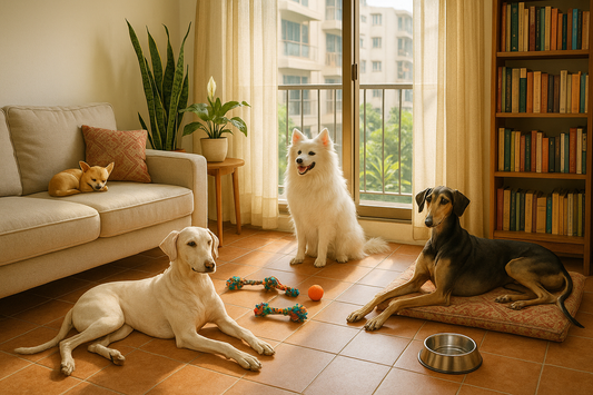 Indian dog breeds like Indian Spitz, Rajapalayam, Chihuahua, and Kanni relaxing in a cozy urban apartment, showcasing their adaptability to city life.