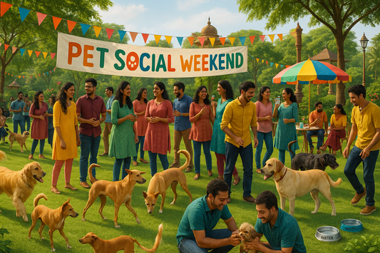 Happy dogs playing at a sunny park during a pet-friendly social event in India, with pet parents chatting in the background