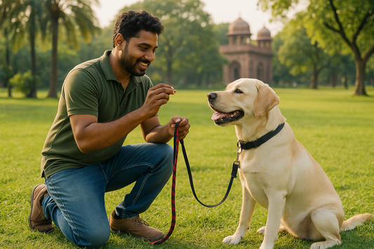 Professional dog trainer working with a Labrador in a park, teaching leash manners with positive reinforcement.