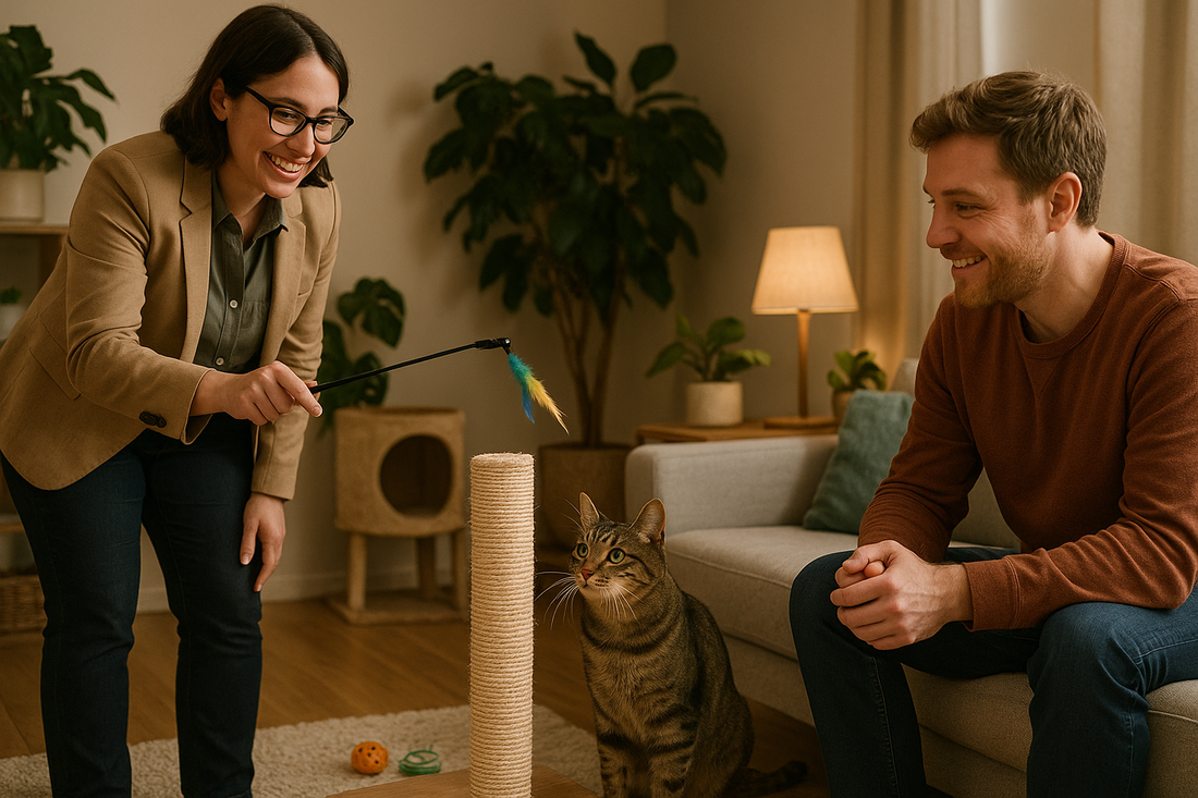 A cat trainer helping a frustrated pet parent with a playful but aggressive cat indoors