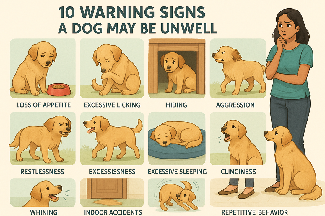 Infographic showing 10 signs your dog is unwell with illustrations of symptoms like appetite changes, excessive licking, and restlessness