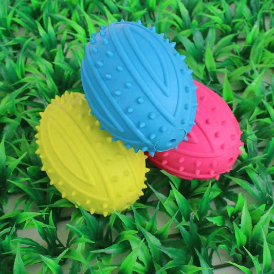 Colorful catnip-infused rugby chew toy made of non-toxic rubber for active cats