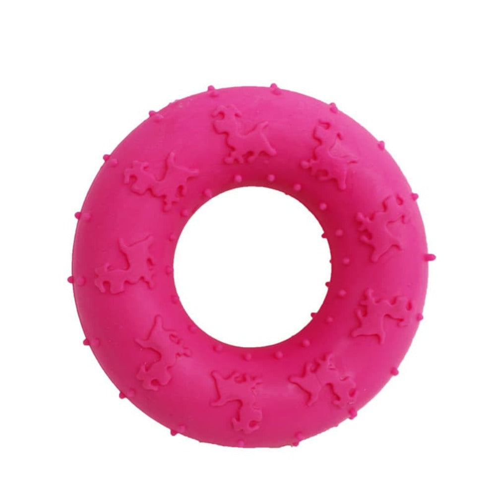 pink color eco-friendly donut-shaped chew toys for cats made with organic catnip and textured for playful chewing.