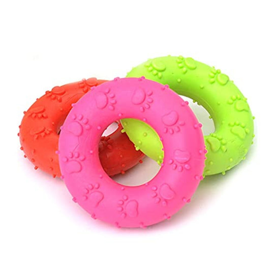 Colorful eco-friendly donut-shaped chew toys for cats made with organic catnip and textured for playful chewing.