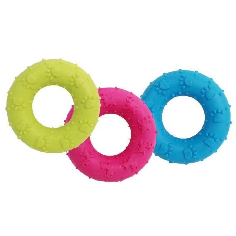 Colorful eco-friendly donut-shaped chew toys for cats made with organic catnip and textured for playful chewing.