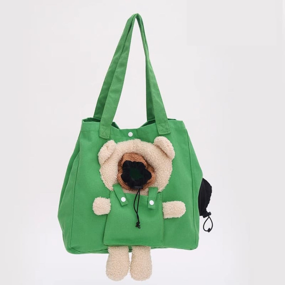 shoulder-tote-pet-carrier-bag-canvas-mesh-green-front-view