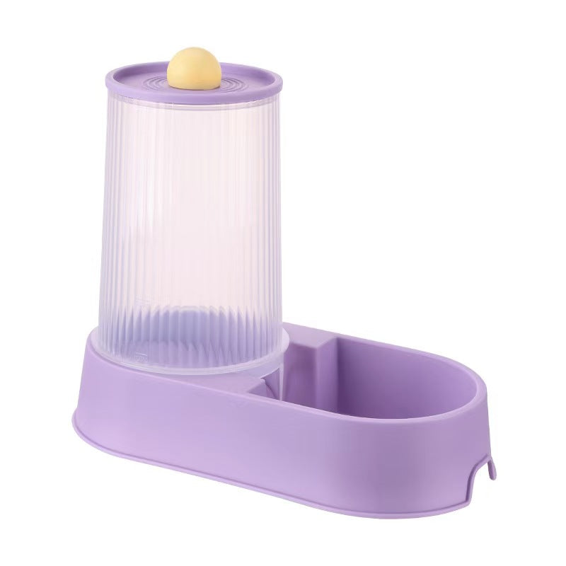 Purple pet water fountain with a transparent filter on a white background