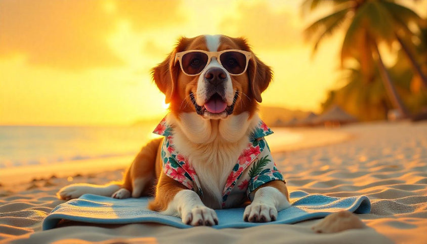 dog sit on the beach wearing goggle bought from the woof india 
