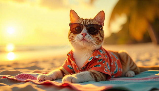 cat seating on the beach wearing the woof india goggle